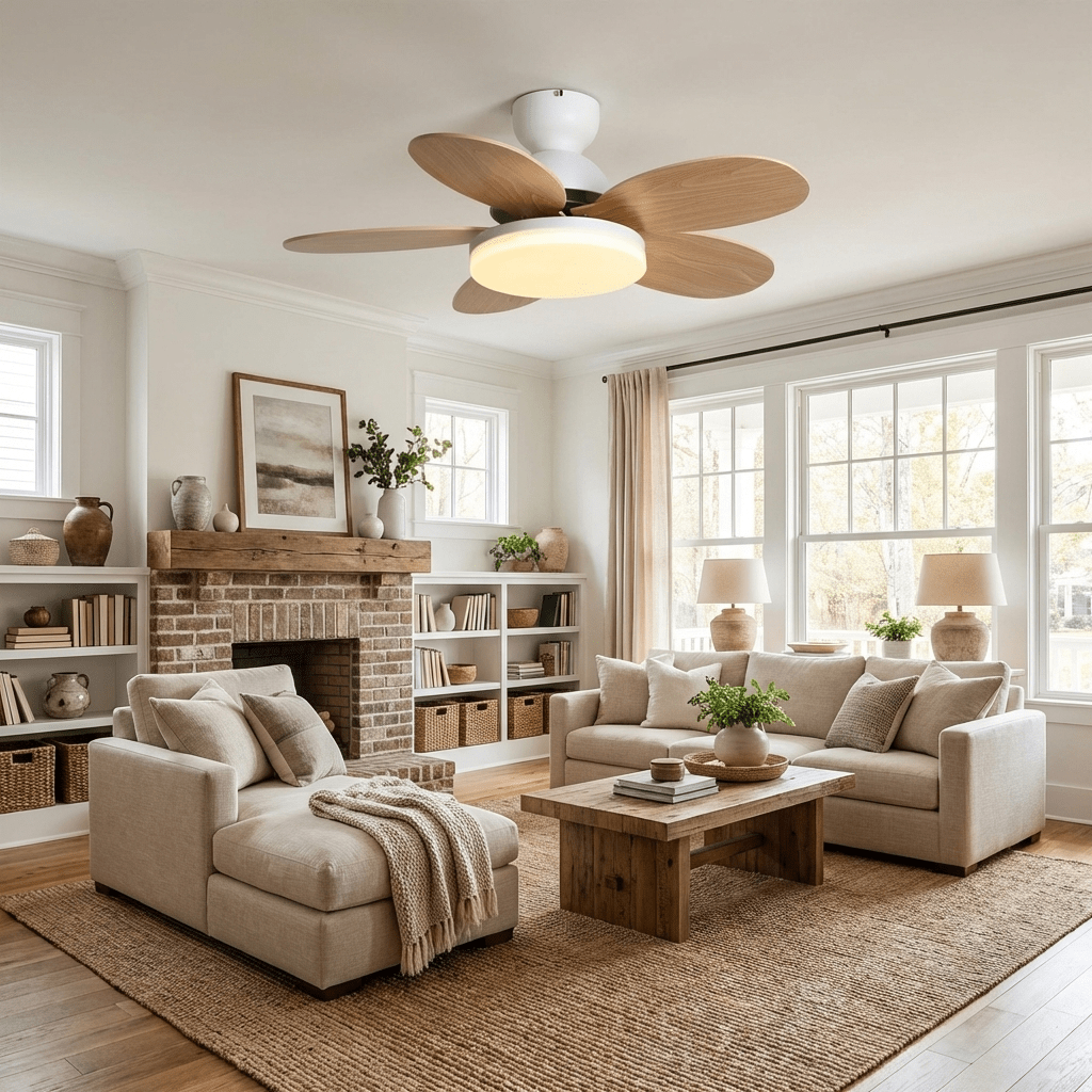 Indoor modern fan with integrated warm LED light and remote control functionality.