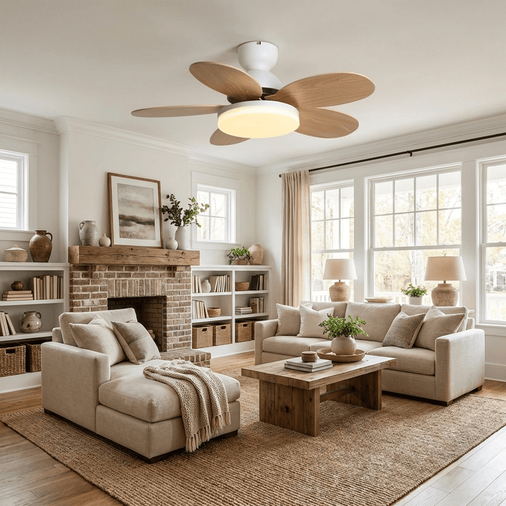Indoor modern fan with integrated warm LED light and remote control functionality.