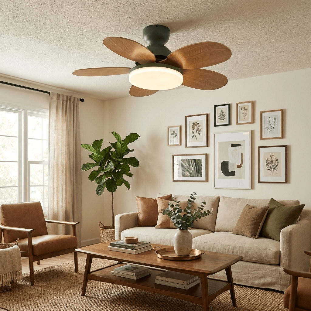 Bedroom ceiling fan with quiet motor, modern style, and warm LED light.