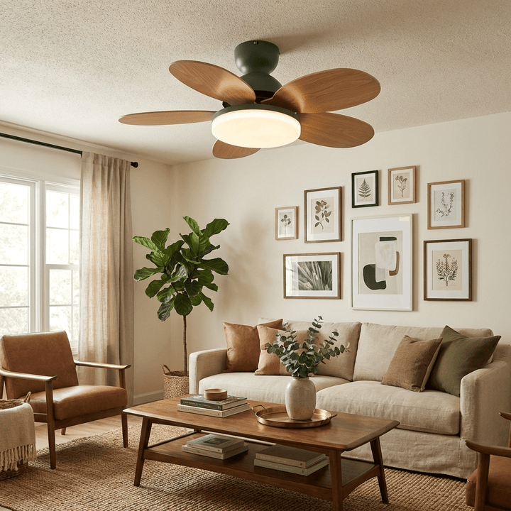 Bedroom ceiling fan with quiet motor, modern style, and warm LED light.