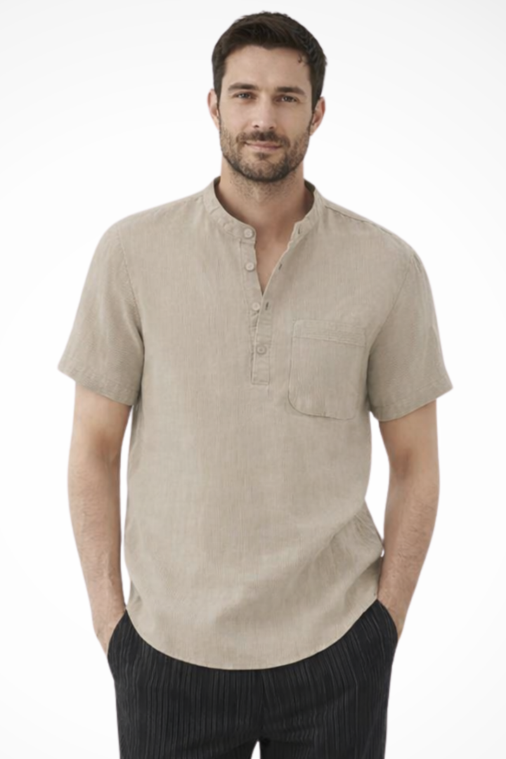 Modern collarless men's short sleeve casual shirt, perfect for stylish summer fashion & warm weather comfort.