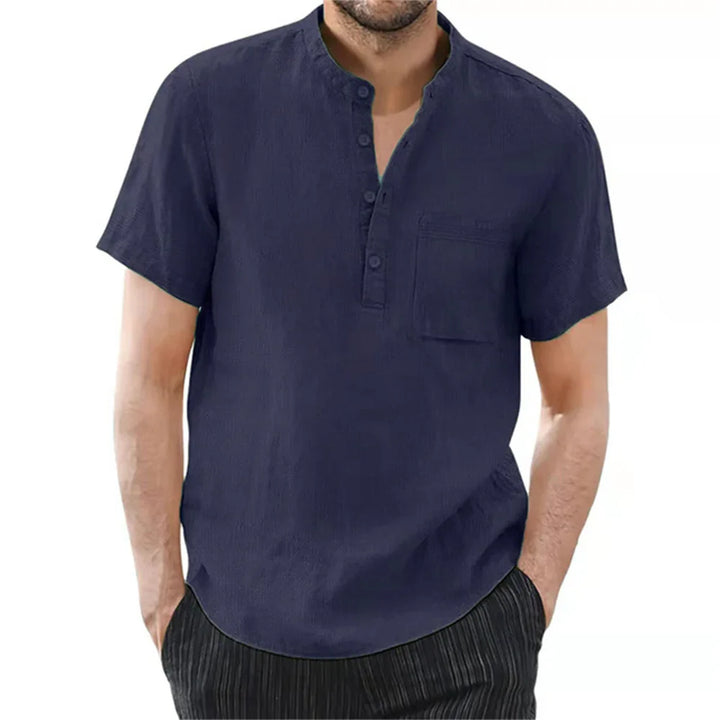 Back view of a versatile men's short sleeve casual shirt, modern collarless style for summer clothing.