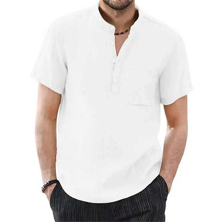 Men's light blue short sleeve casual shirt, modern collarless style for versatile summer wear.