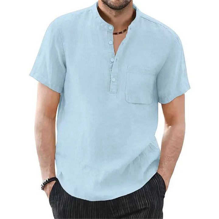 Modern collarless men's short sleeve shirt, a key piece of casual summer fashion clothing.