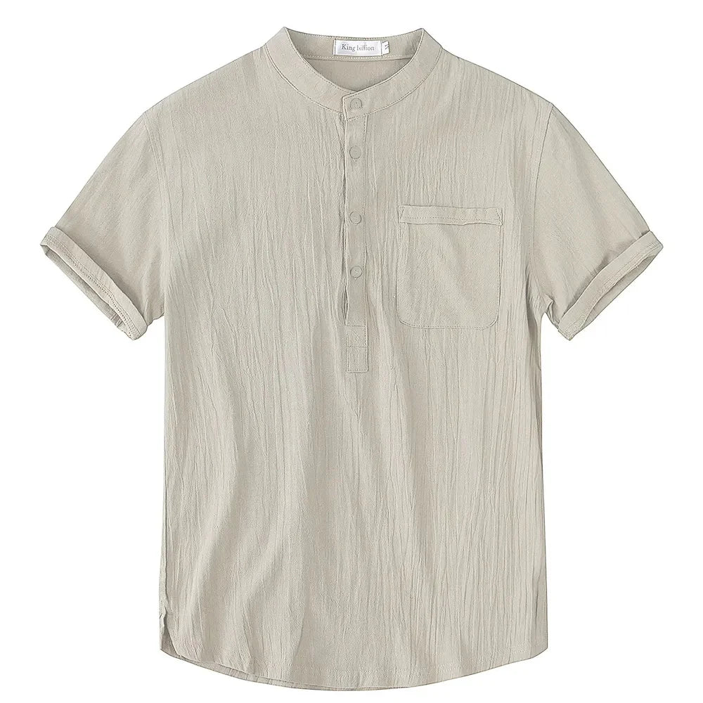 Essential men's short sleeve casual shirt, modern collarless style, perfect for summer outfits.