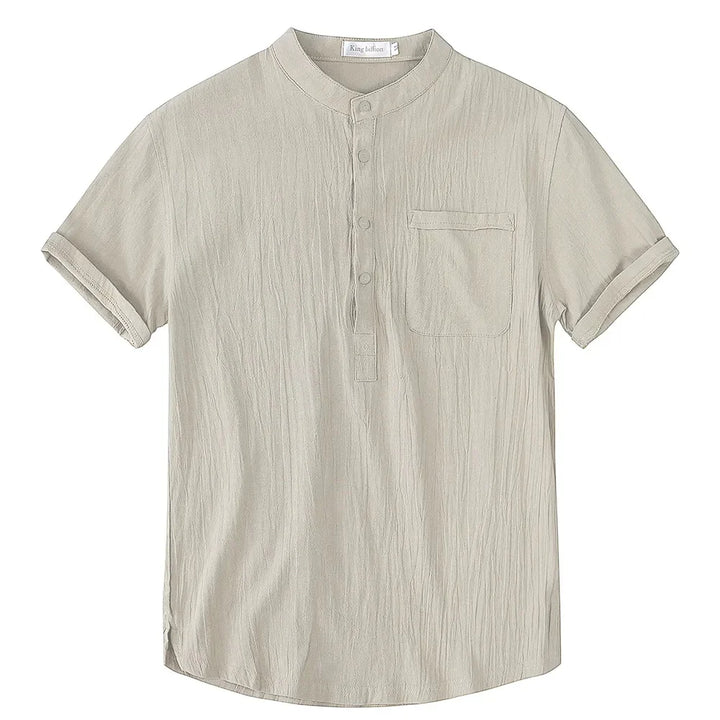 Essential men's short sleeve casual shirt, modern collarless style, perfect for summer outfits.