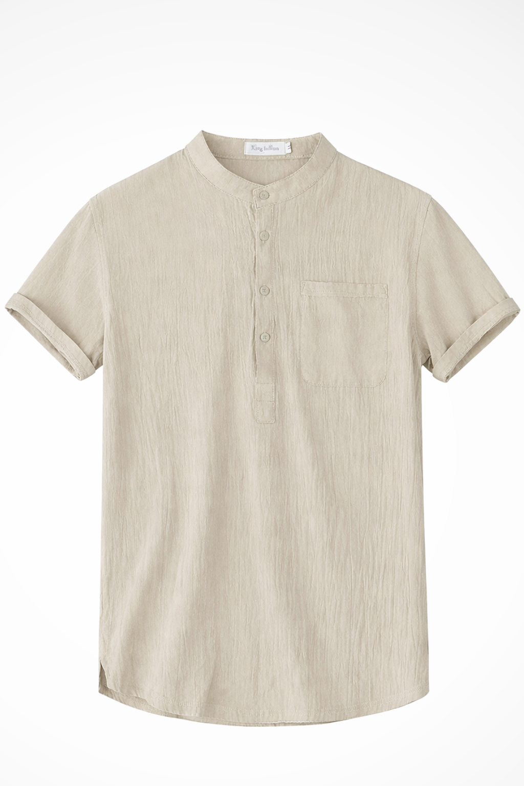 Men's casual short sleeve shirt with a contemporary collarless design, perfect for summer versatility.