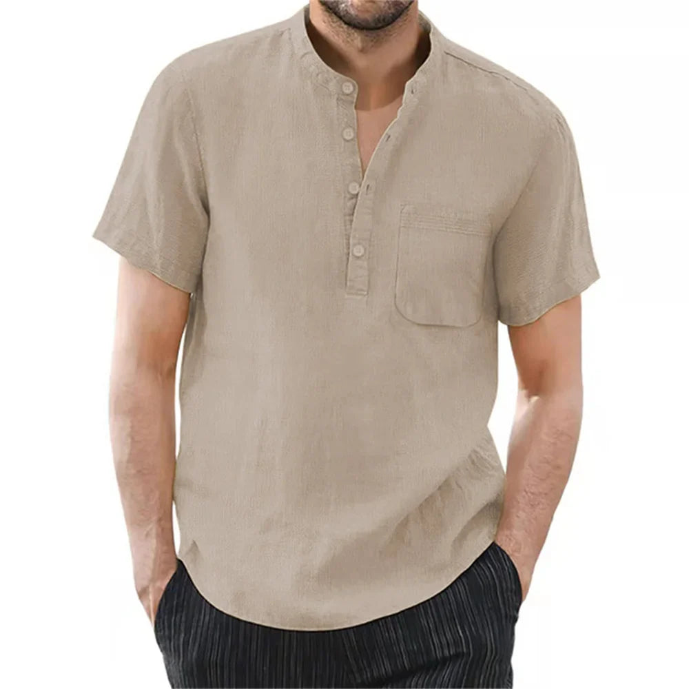 Men's versatile short sleeve casual shirt, modern collarless design, ideal for easy summer outfits.