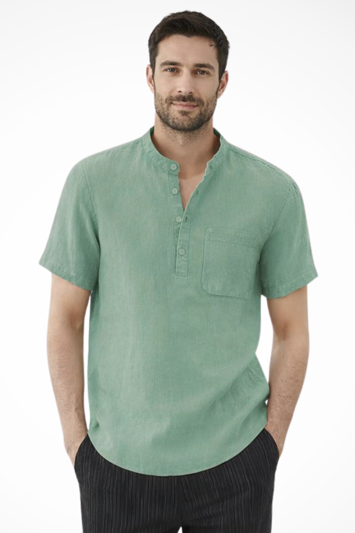 Stylish men's collarless short sleeve shirt, modern design, great for relaxed summer fashion.