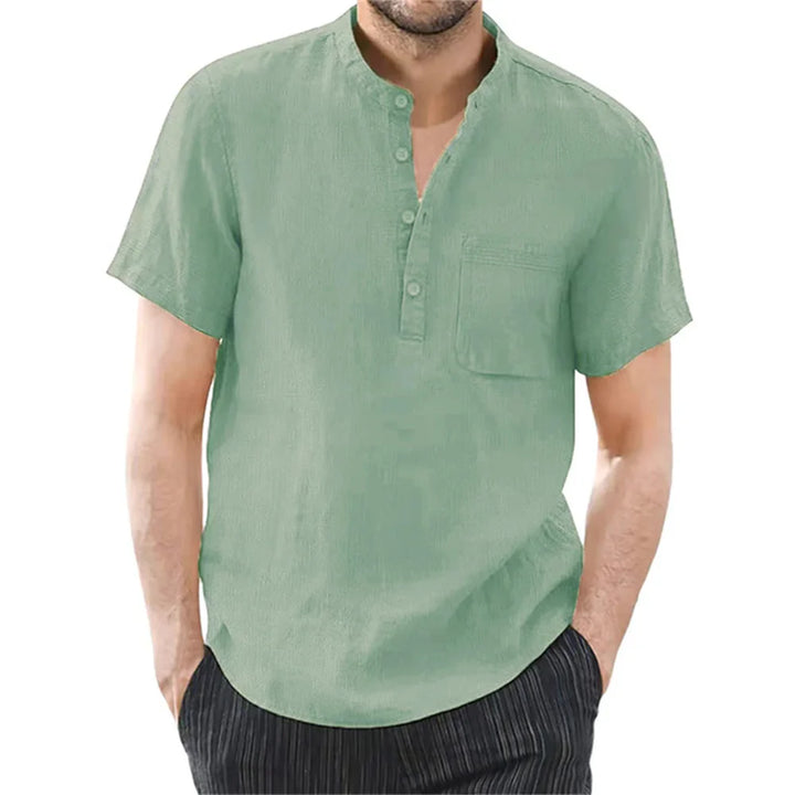 Casual men's short sleeve shirt with a modern collarless style, perfect for warm weather & summer.
