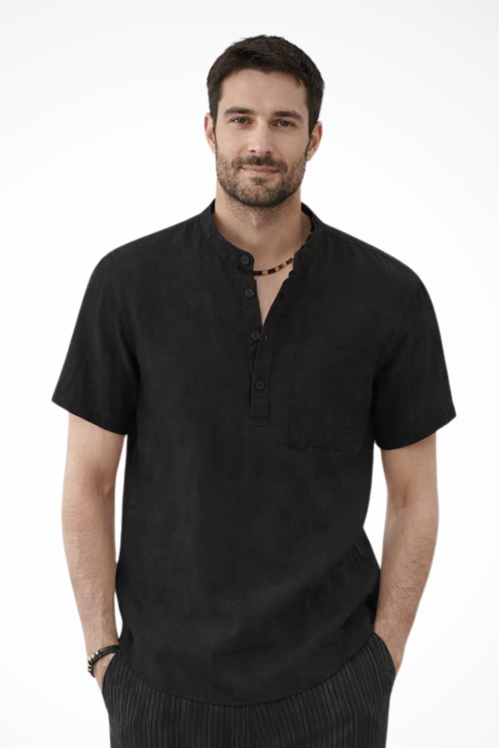 Men's summer fashion short sleeve shirt, modern collarless design, offering versatile casual wear.