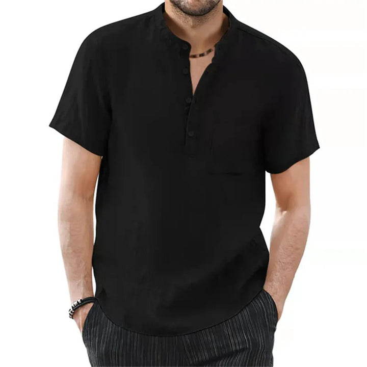 Modern collarless short sleeve men's shirt with a patch pocket, ideal for casual summer style.