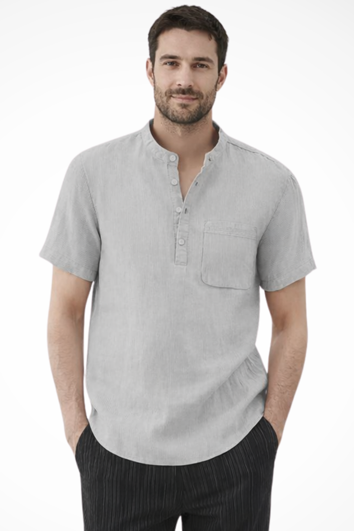 Comfortable men's short sleeve casual shirt, modern collarless, essential for warm weather & summer.