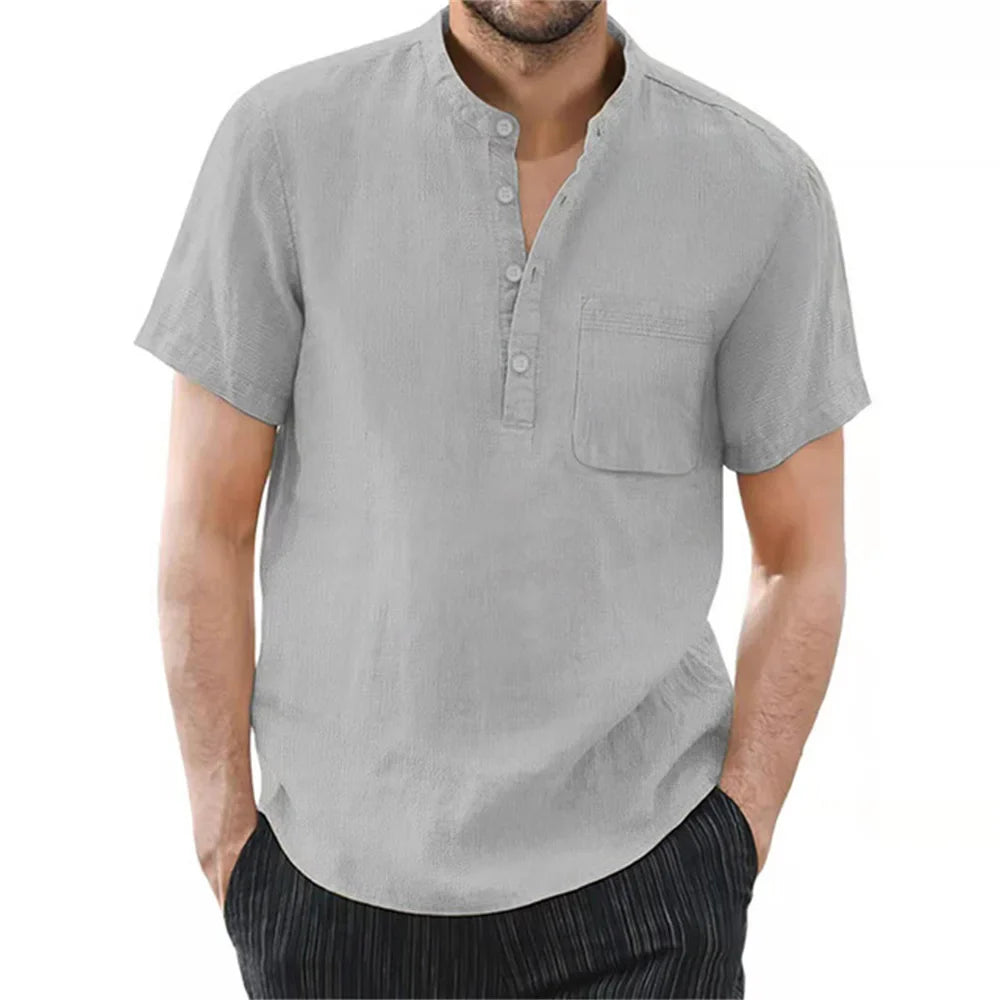 Men's modern style short sleeve shirt, collarless design for a relaxed yet fashionable summer look.