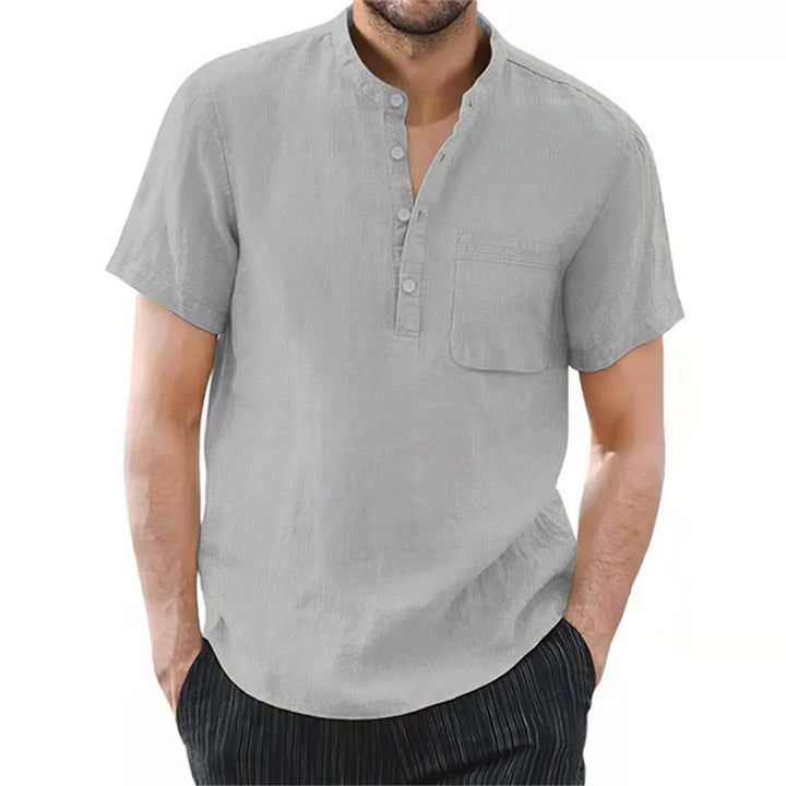 Men's modern style short sleeve shirt, collarless design for a relaxed yet fashionable summer look.
