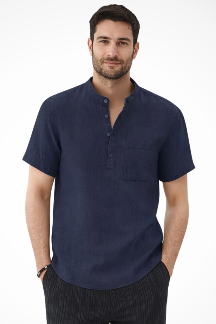 Front view of a men's casual short sleeve shirt, modern collarless design, perfect for summer fashion.