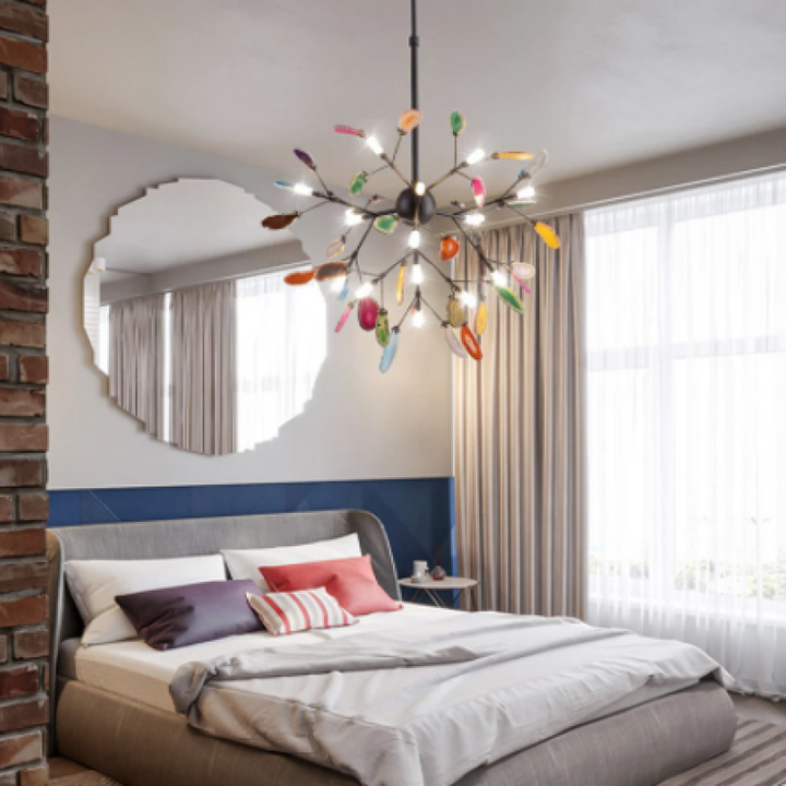 Modern LED chandelier, bright colorful lights, decorative and functional.