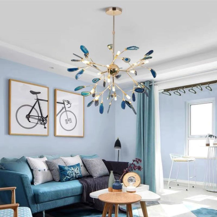 Artistic colorful LED chandelier, modern ceiling lighting, unique decor.