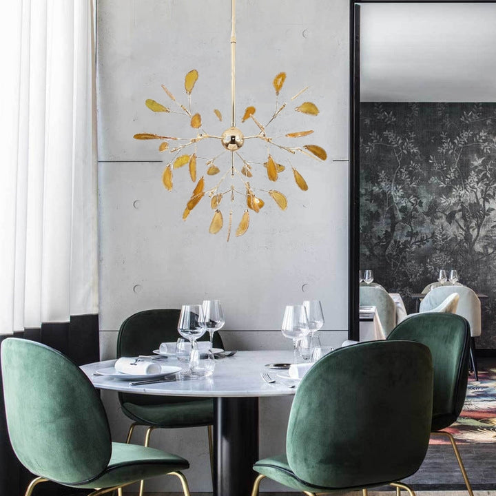 Sleek modern LED chandelier, colorful light effects, ambient room lighting.