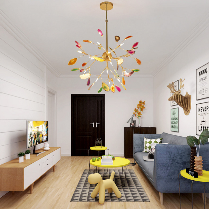 Beautiful modern LED chandelier, colorful illumination, decorative appeal.