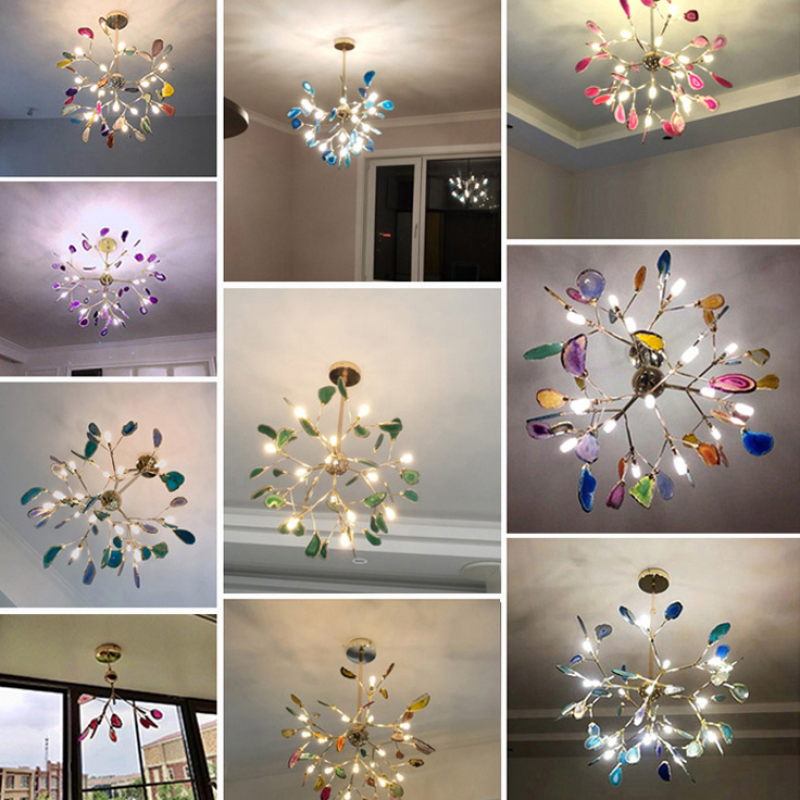 Decorative LED light fixture, modern colorful chandelier, ambient glow.