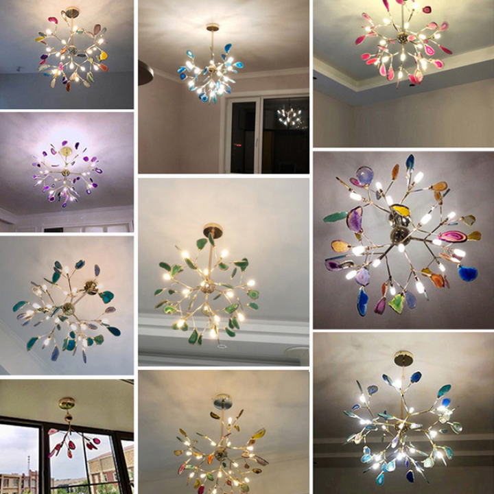 Decorative LED light fixture, modern colorful chandelier, ambient glow.