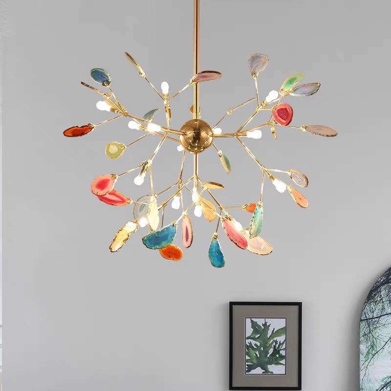 Statement modern LED chandelier with colorful diffusers, home decor.