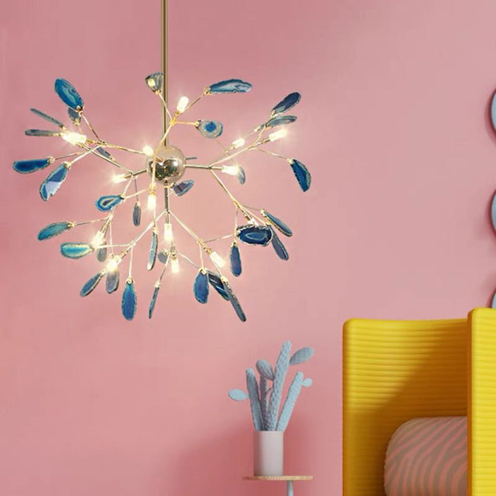 Contemporary LED chandelier, multi-hue lighting, decorative ceiling fixture.