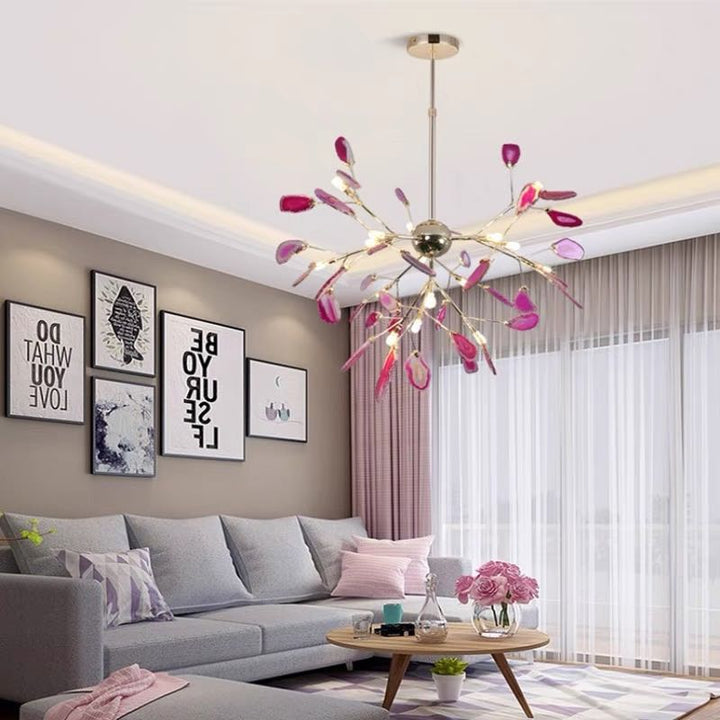 Modern LED chandelier, vibrant color array, perfect for home interior.