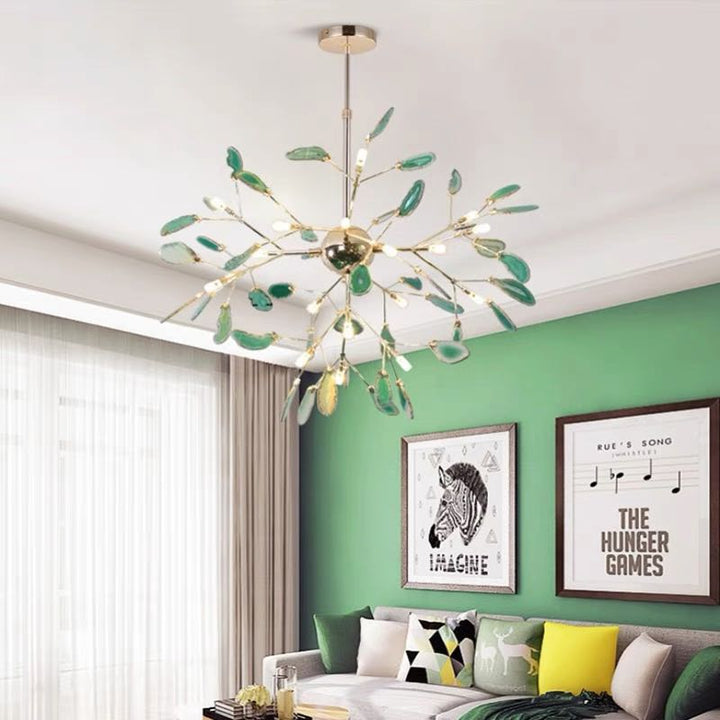 Stylish LED chandelier, colorful light elements, contemporary home decor.