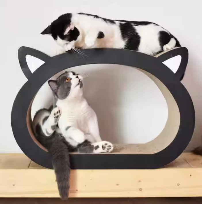 Durable corrugated cardboard cat scratcher and pet bed, a comfy feline accessory and scratching post.