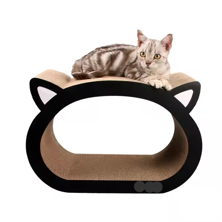 Comfortable corrugated cardboard cat bed and scratching lounge, essential modern cat furniture & pet supply.