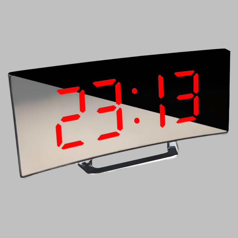 Modern curved LED digital alarm clock with large time display & snooze function, perfect for bedside or desk.