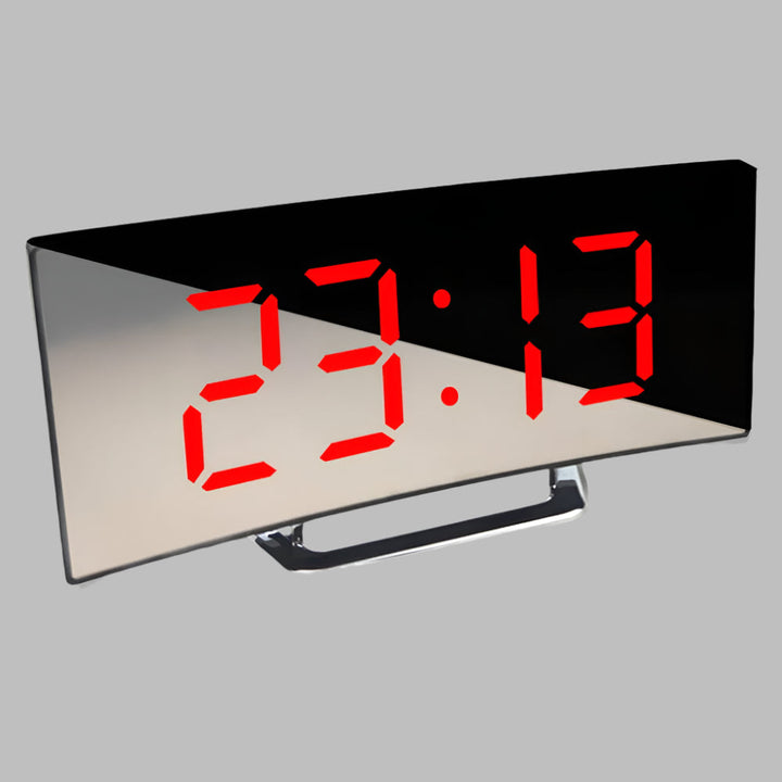 Modern curved LED digital alarm clock with large time display & snooze function, perfect for bedside or desk.