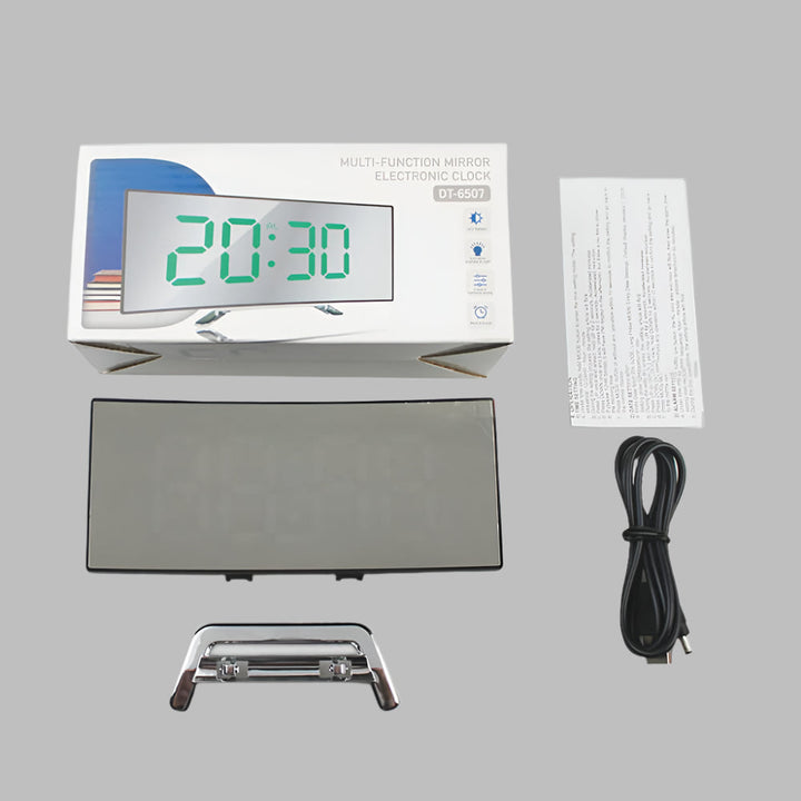 Unisex modern curved LED alarm clock, showcasing its unique minimalist design and digital time display for home decor.