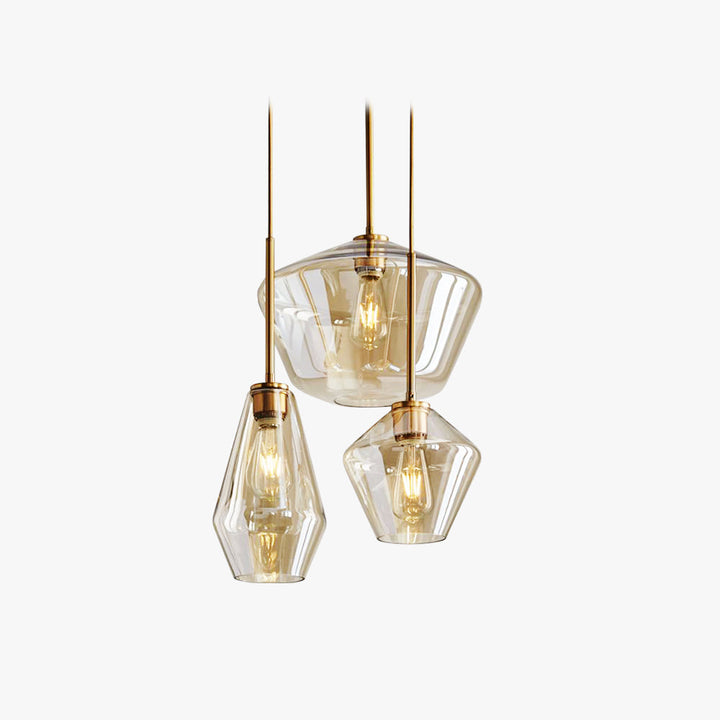 Modern diamond-shaped glass pendant light for stylish living room decor.