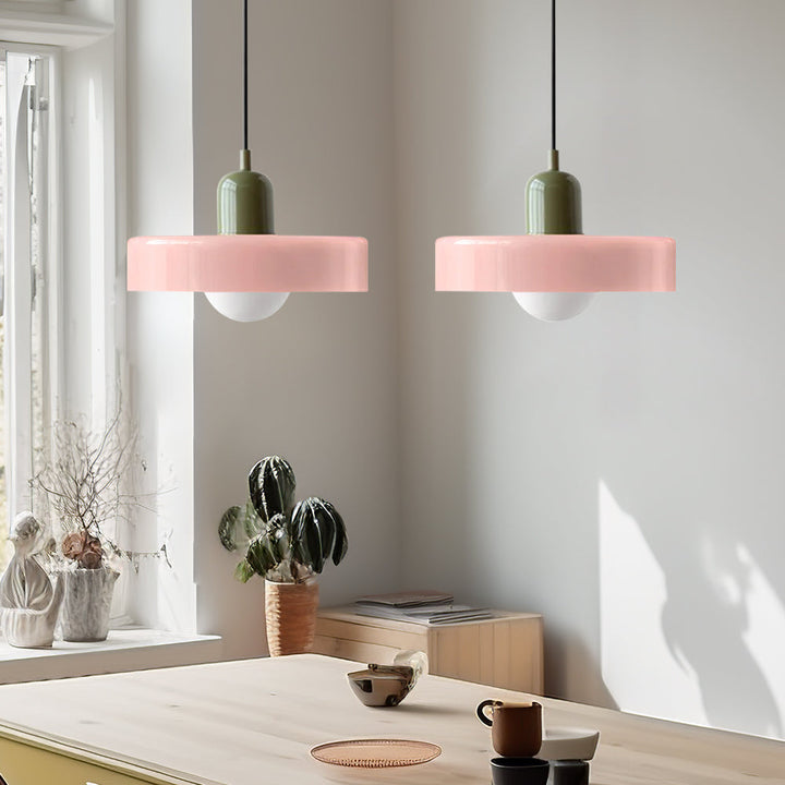 Modern double glass pendant, versatile lighting for dining & living spaces.