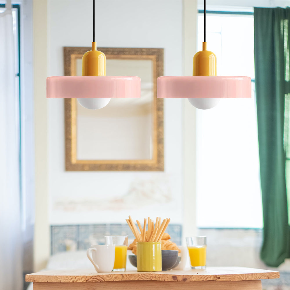 Sleek double glass hanging lamp, perfect for minimalist dining areas.