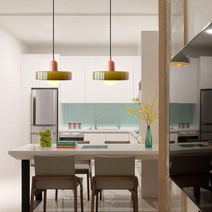 Ambient double glass pendant light, creating a cozy living room atmosphere.