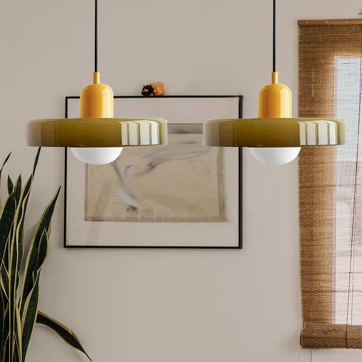 Contemporary double glass ceiling fixture, for stylish dining experiences.