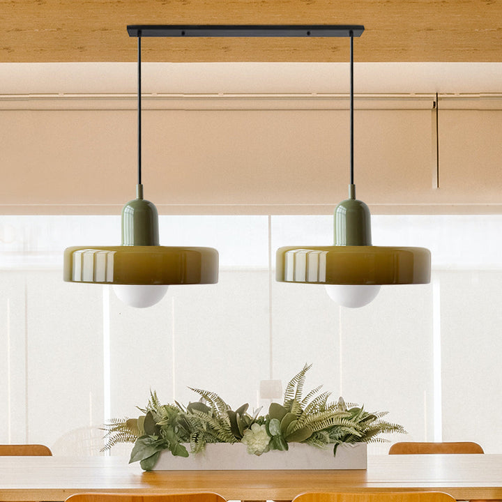 Sleek modern double glass ceiling fixture, enhancing living room ambiance.
