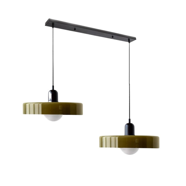 Stylish double glass pendant light, providing warmth to living room decor.