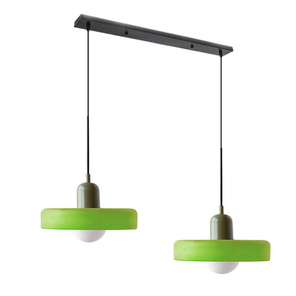 Stylish double glass hanging lamp, complementing living room furnishings.