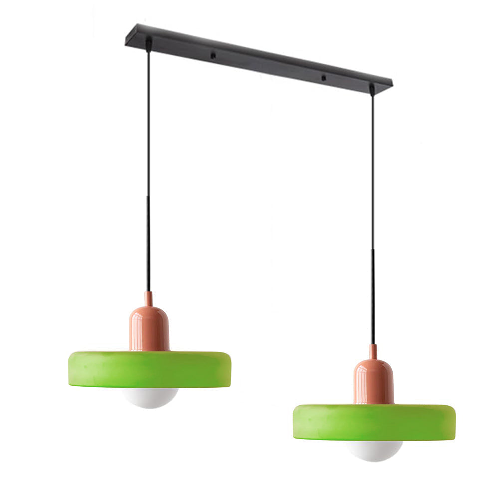 Decorative double glass pendant, bringing a modern touch to dining areas.