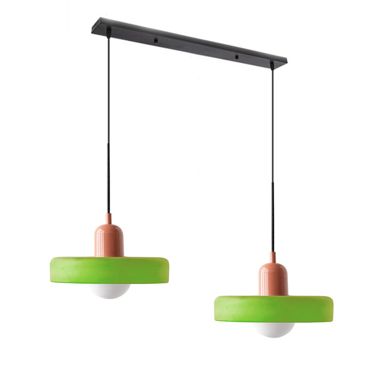 Decorative double glass pendant, bringing a modern touch to dining areas.