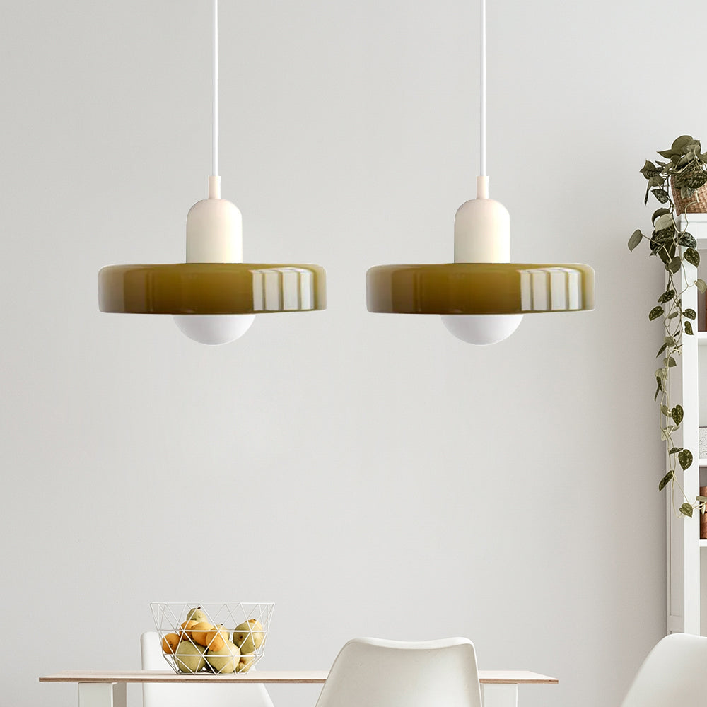 Modern double glass pendant light, providing ambient lighting in dining areas.
