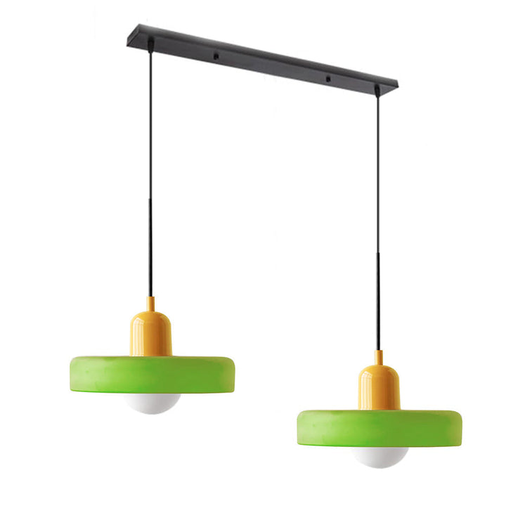 Contemporary double glass pendant fixture, enhancing home's modern decor.