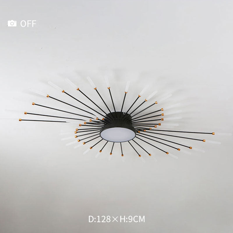 Overhead LED lighting, firework design, dimmable flush mount for a modern aesthetic.