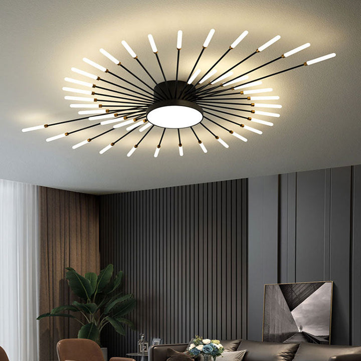 Sculptural LED ceiling light with a modern firework design, perfect for living rooms.
