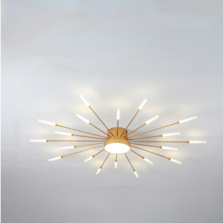 Modern LED ceiling lamp, firework design, providing bright and adjustable indoor lighting.